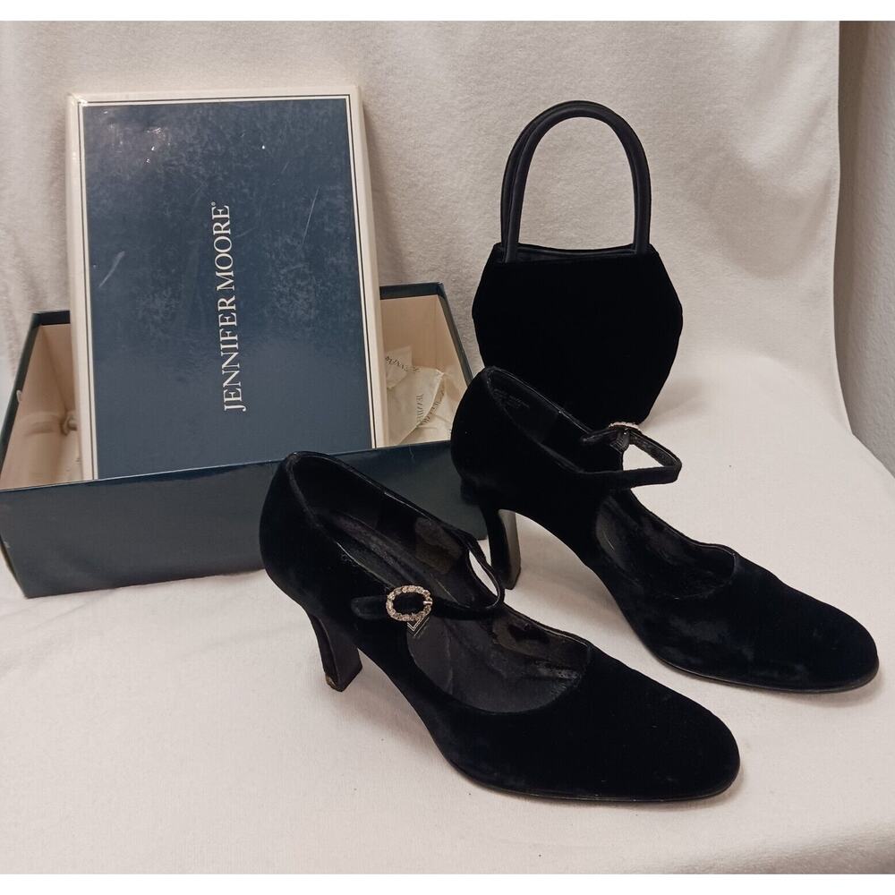 Black Velvet Pumps Sz 9 M Rhinestones w Handbag SET Holiday PARTY FORMAL w Flaws